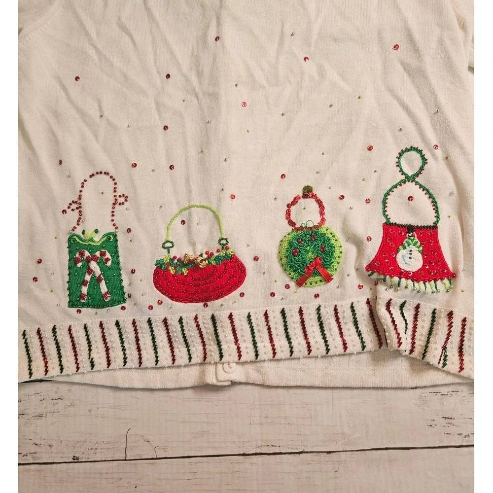 Berek Christmas Cardigan Sweater XL White Beaded Holiday Handbags Embroidery